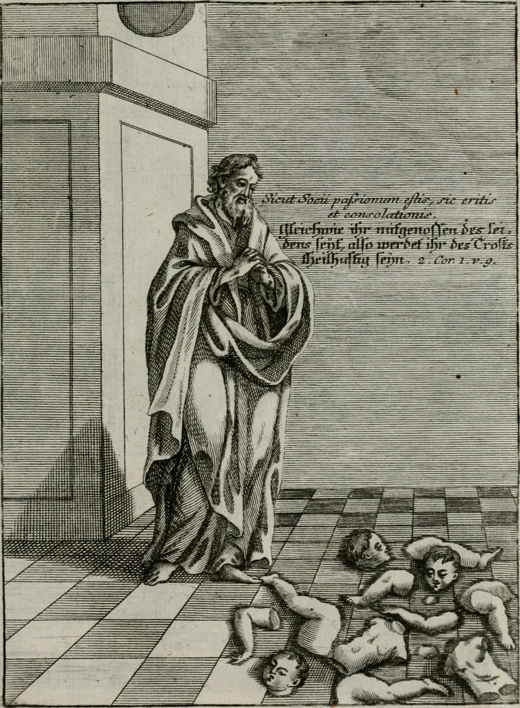 An illustration from Ichnographia emblematica triplicis ad Deum Tri-unum mysticae viae, purgativae, illuminativae, unitivae : splendoribus sanctorum, virtutibus eorum, divinisque charismatibus illustrata, in quinque partes divisa ..., 1779, leaf 132