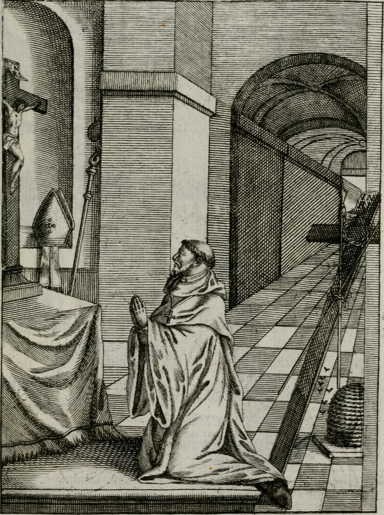 An illustration from Ichnographia emblematica triplicis ad Deum Tri-unum mysticae viae, purgativae, illuminativae, unitivae : splendoribus sanctorum, virtutibus eorum, divinisque charismatibus illustrata, in quinque partes divisa ..., 1779, leaf 134