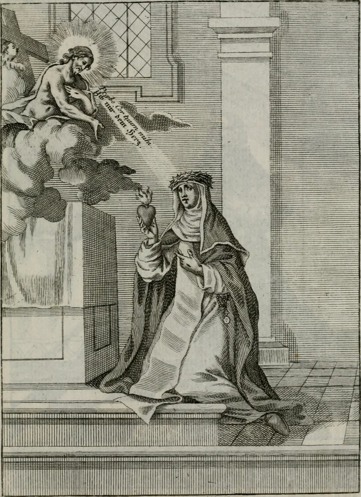 An illustration from Ichnographia emblematica triplicis ad Deum Tri-unum mysticae viae, purgativae, illuminativae, unitivae : splendoribus sanctorum, virtutibus eorum, divinisque charismatibus illustrata, in quinque partes divisa ..., 1779, leaf 136