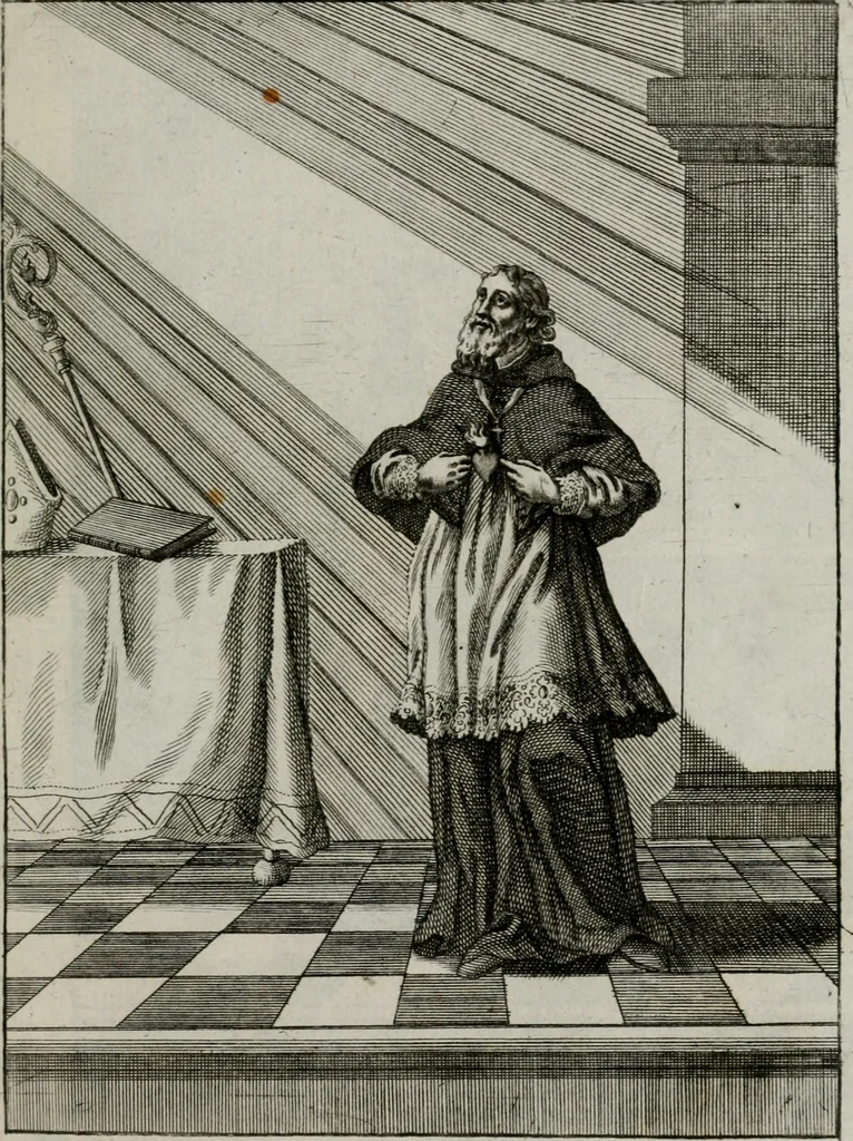 An illustration from Ichnographia emblematica triplicis ad Deum Tri-unum mysticae viae, purgativae, illuminativae, unitivae : splendoribus sanctorum, virtutibus eorum, divinisque charismatibus illustrata, in quinque partes divisa ..., 1779, leaf 138