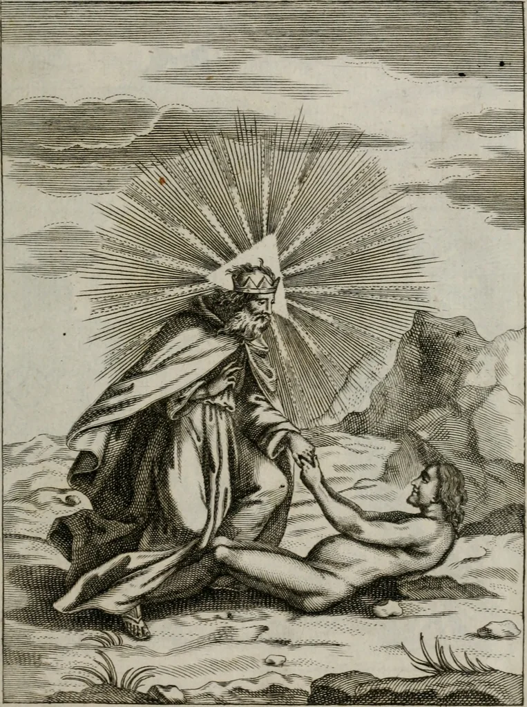 An illustration from Ichnographia emblematica triplicis ad Deum Tri-unum mysticae viae, purgativae, illuminativae, unitivae : splendoribus sanctorum, virtutibus eorum, divinisque charismatibus illustrata, in quinque partes divisa ..., 1779, leaf 14
