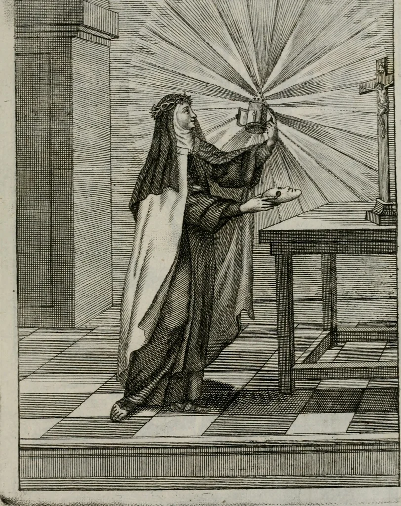 An illustration from Ichnographia emblematica triplicis ad Deum Tri-unum mysticae viae, purgativae, illuminativae, unitivae : splendoribus sanctorum, virtutibus eorum, divinisque charismatibus illustrata, in quinque partes divisa ..., 1779, leaf 140