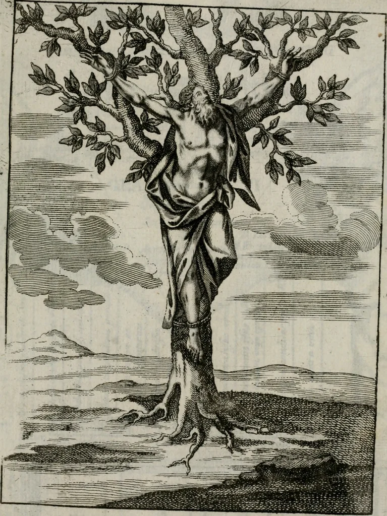 An illustration from Ichnographia emblematica triplicis ad Deum Tri-unum mysticae viae, purgativae, illuminativae, unitivae : splendoribus sanctorum, virtutibus eorum, divinisque charismatibus illustrata, in quinque partes divisa ..., 1779, leaf 142