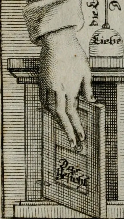 An illustration from Ichnographia emblematica triplicis ad Deum Tri-unum mysticae viae, purgativae, illuminativae, unitivae : splendoribus sanctorum, virtutibus eorum, divinisque charismatibus illustrata, in quinque partes divisa ..., 1779, leaf 147