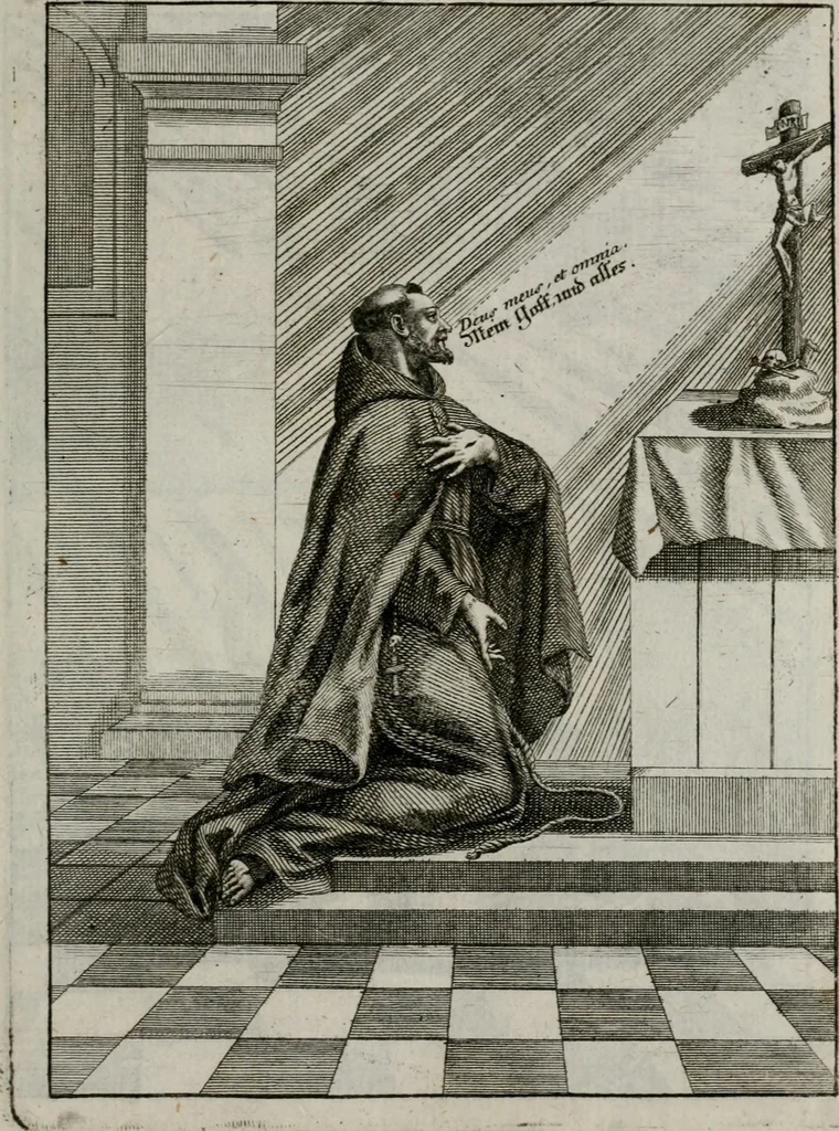 An illustration from Ichnographia emblematica triplicis ad Deum Tri-unum mysticae viae, purgativae, illuminativae, unitivae : splendoribus sanctorum, virtutibus eorum, divinisque charismatibus illustrata, in quinque partes divisa ..., 1779, leaf 152
