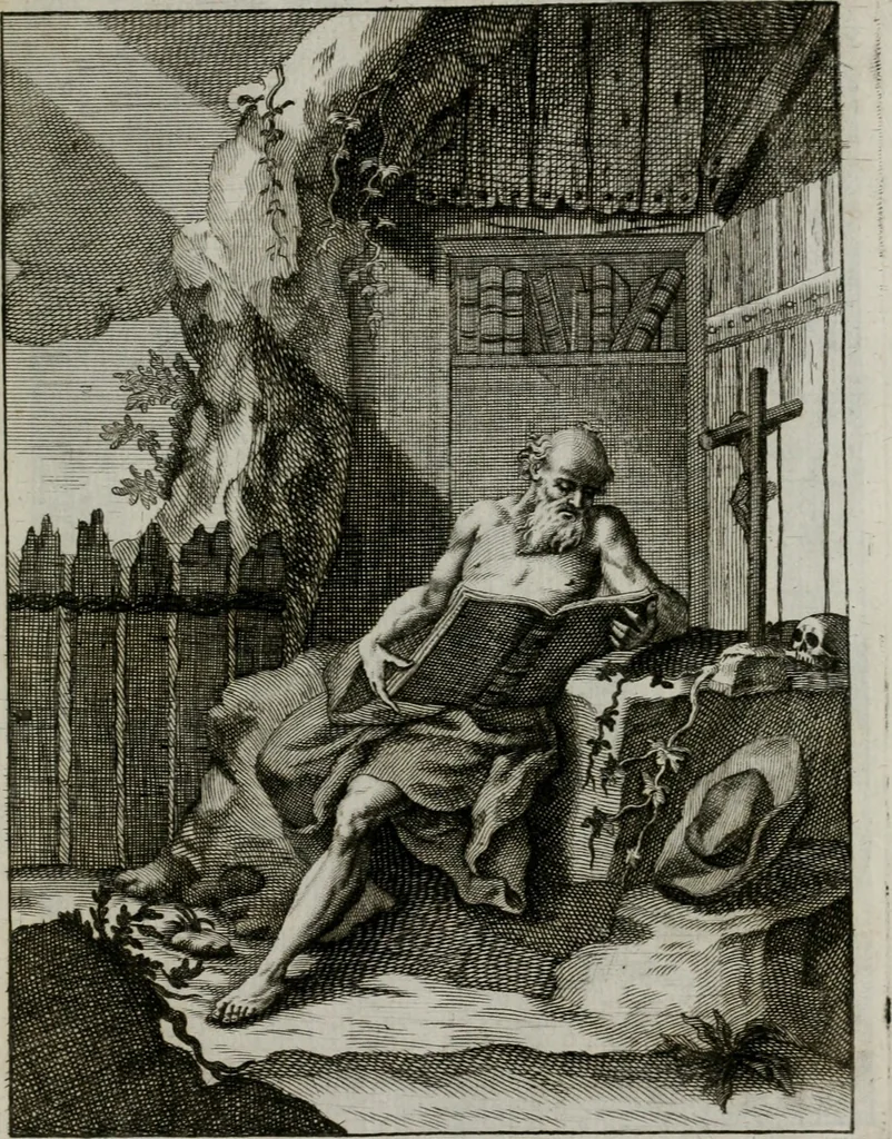 An illustration from Ichnographia emblematica triplicis ad Deum Tri-unum mysticae viae, purgativae, illuminativae, unitivae : splendoribus sanctorum, virtutibus eorum, divinisque charismatibus illustrata, in quinque partes divisa ..., 1779, leaf 156