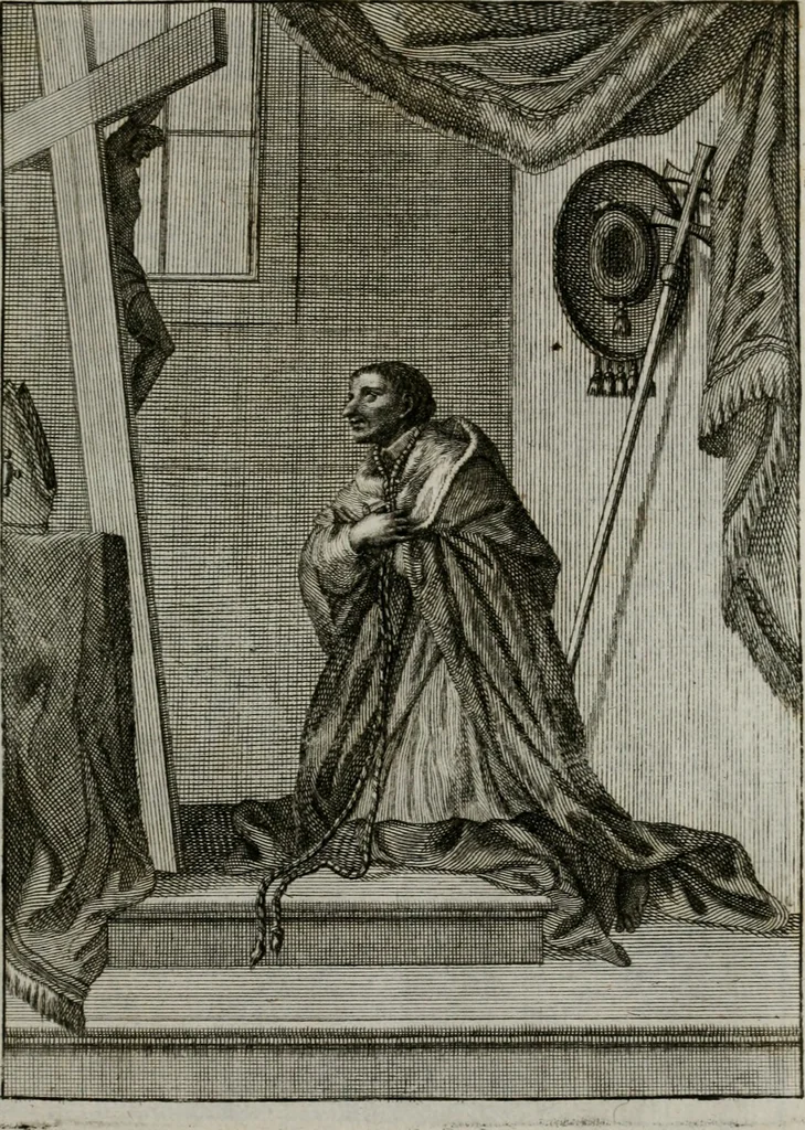 An illustration from Ichnographia emblematica triplicis ad Deum Tri-unum mysticae viae, purgativae, illuminativae, unitivae : splendoribus sanctorum, virtutibus eorum, divinisque charismatibus illustrata, in quinque partes divisa ..., 1779, leaf 158
