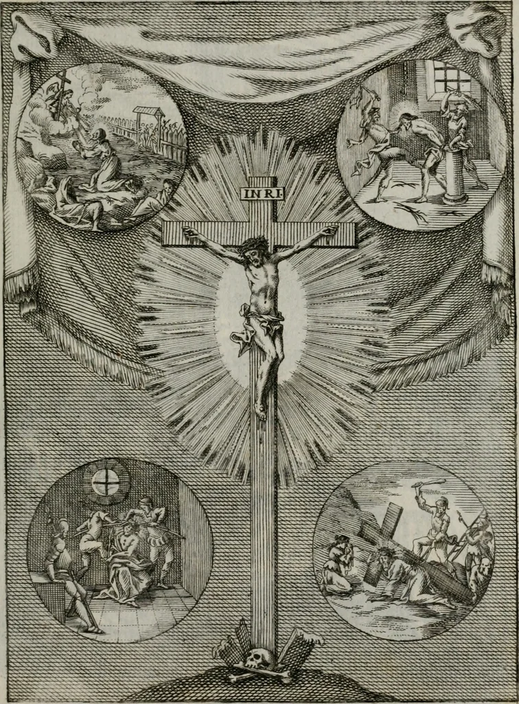 An illustration from Ichnographia emblematica triplicis ad Deum Tri-unum mysticae viae, purgativae, illuminativae, unitivae : splendoribus sanctorum, virtutibus eorum, divinisque charismatibus illustrata, in quinque partes divisa ..., 1779, leaf 160