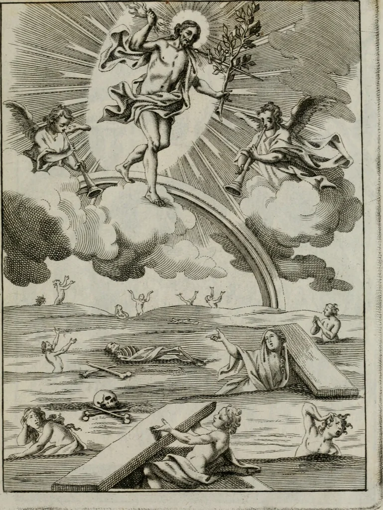 An illustration from Ichnographia emblematica triplicis ad Deum Tri-unum mysticae viae, purgativae, illuminativae, unitivae : splendoribus sanctorum, virtutibus eorum, divinisque charismatibus illustrata, in quinque partes divisa ..., 1779, leaf 164