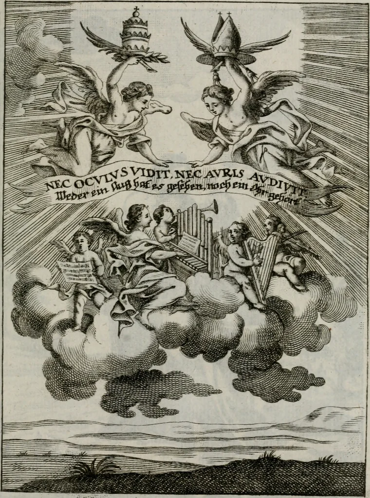 An illustration from Ichnographia emblematica triplicis ad Deum Tri-unum mysticae viae, purgativae, illuminativae, unitivae : splendoribus sanctorum, virtutibus eorum, divinisque charismatibus illustrata, in quinque partes divisa ..., 1779, leaf 168