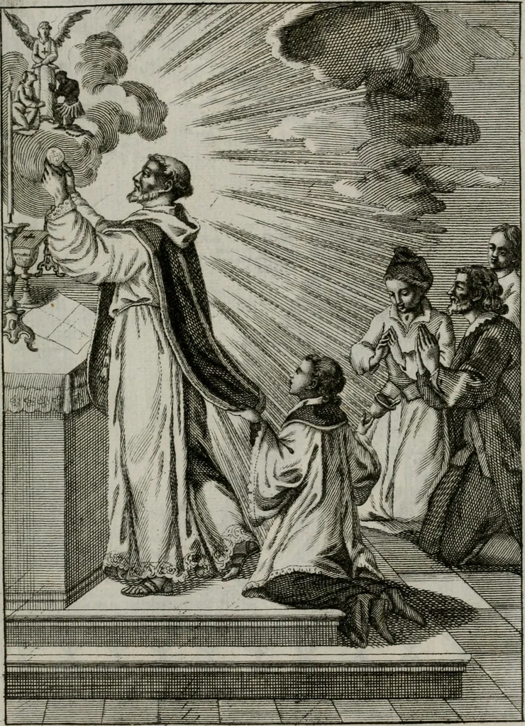 An illustration from Ichnographia emblematica triplicis ad Deum Tri-unum mysticae viae, purgativae, illuminativae, unitivae : splendoribus sanctorum, virtutibus eorum, divinisque charismatibus illustrata, in quinque partes divisa ..., 1779, leaf 174
