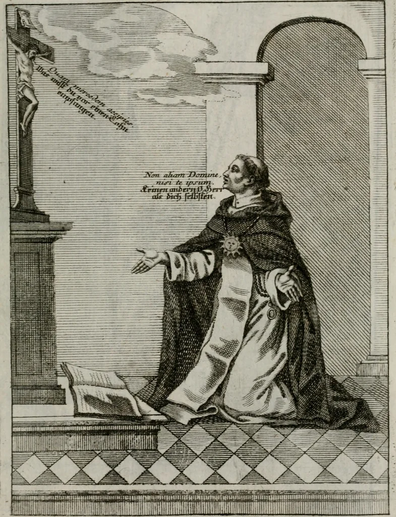 An illustration from Ichnographia emblematica triplicis ad Deum Tri-unum mysticae viae, purgativae, illuminativae, unitivae : splendoribus sanctorum, virtutibus eorum, divinisque charismatibus illustrata, in quinque partes divisa ..., 1779, leaf 176