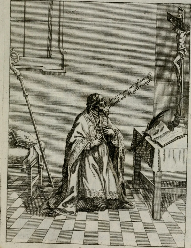 An illustration from Ichnographia emblematica triplicis ad Deum Tri-unum mysticae viae, purgativae, illuminativae, unitivae : splendoribus sanctorum, virtutibus eorum, divinisque charismatibus illustrata, in quinque partes divisa ..., 1779, leaf 194