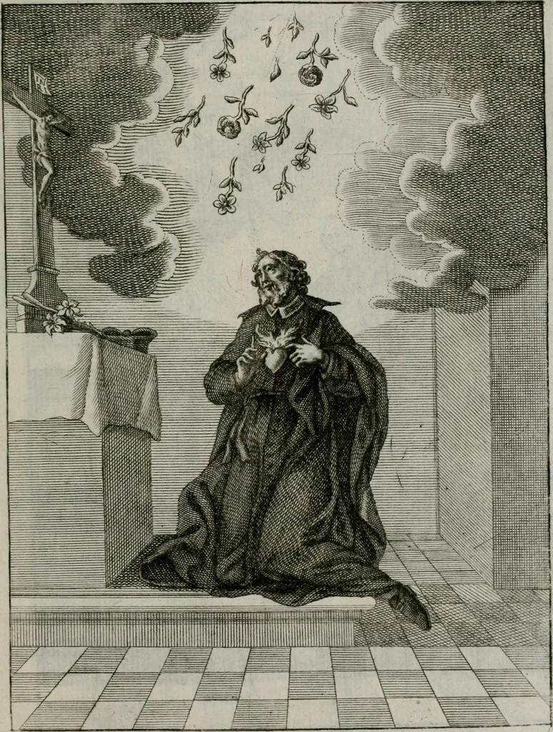 An illustration from Ichnographia emblematica triplicis ad Deum Tri-unum mysticae viae, purgativae, illuminativae, unitivae : splendoribus sanctorum, virtutibus eorum, divinisque charismatibus illustrata, in quinque partes divisa ..., 1779, leaf 198
