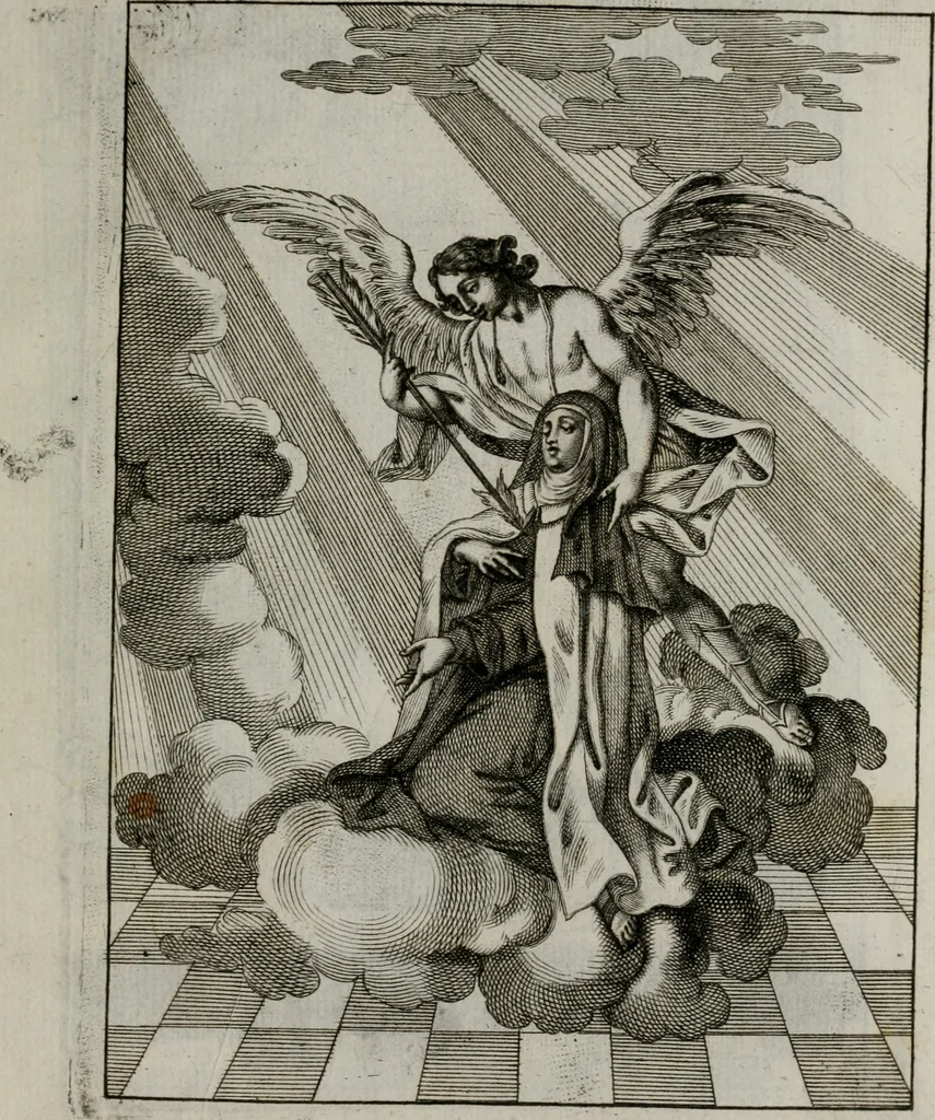 An illustration from Ichnographia emblematica triplicis ad Deum Tri-unum mysticae viae, purgativae, illuminativae, unitivae : splendoribus sanctorum, virtutibus eorum, divinisque charismatibus illustrata, in quinque partes divisa ..., 1779, leaf 202