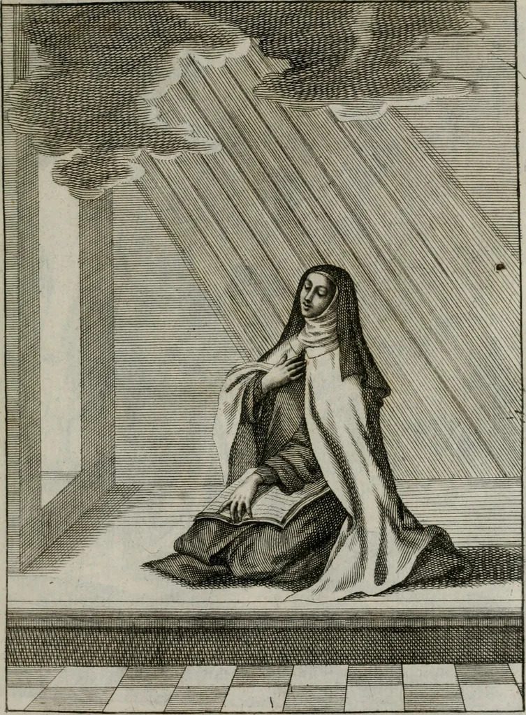 An illustration from Ichnographia emblematica triplicis ad Deum Tri-unum mysticae viae, purgativae, illuminativae, unitivae : splendoribus sanctorum, virtutibus eorum, divinisque charismatibus illustrata, in quinque partes divisa ..., 1779, leaf 204