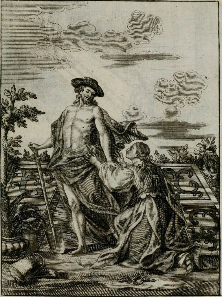An illustration from Ichnographia emblematica triplicis ad Deum Tri-unum mysticae viae, purgativae, illuminativae, unitivae : splendoribus sanctorum, virtutibus eorum, divinisque charismatibus illustrata, in quinque partes divisa ..., 1779, leaf 208