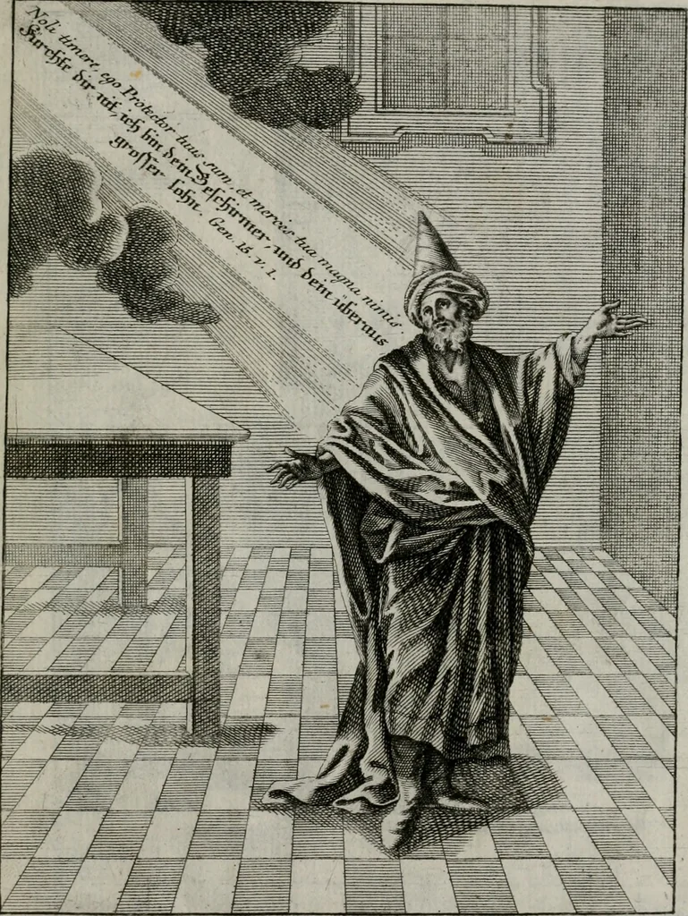 An illustration from Ichnographia emblematica triplicis ad Deum Tri-unum mysticae viae, purgativae, illuminativae, unitivae : splendoribus sanctorum, virtutibus eorum, divinisque charismatibus illustrata, in quinque partes divisa ..., 1779, leaf 210