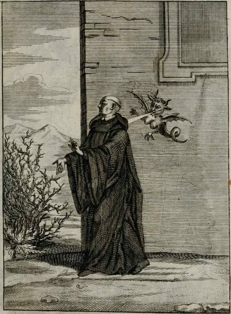 An illustration from Ichnographia emblematica triplicis ad Deum Tri-unum mysticae viae, purgativae, illuminativae, unitivae : splendoribus sanctorum, virtutibus eorum, divinisque charismatibus illustrata, in quinque partes divisa ..., 1779, leaf 212