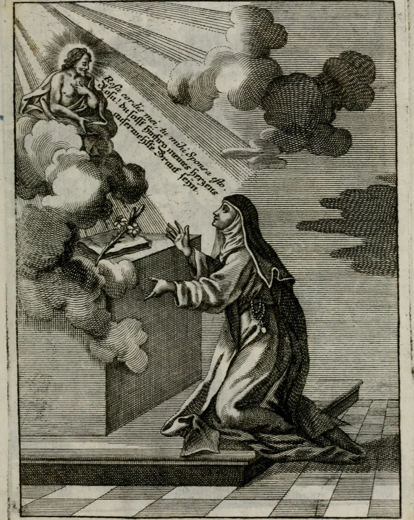 An illustration from Ichnographia emblematica triplicis ad Deum Tri-unum mysticae viae, purgativae, illuminativae, unitivae : splendoribus sanctorum, virtutibus eorum, divinisque charismatibus illustrata, in quinque partes divisa ..., 1779, leaf 216