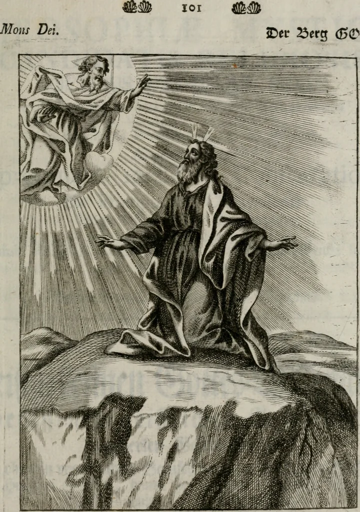 An illustration from Ichnographia emblematica triplicis ad Deum Tri-unum mysticae viae, purgativae, illuminativae, unitivae : splendoribus sanctorum, virtutibus eorum, divinisque charismatibus illustrata, in quinque partes divisa ..., 1779, leaf 220