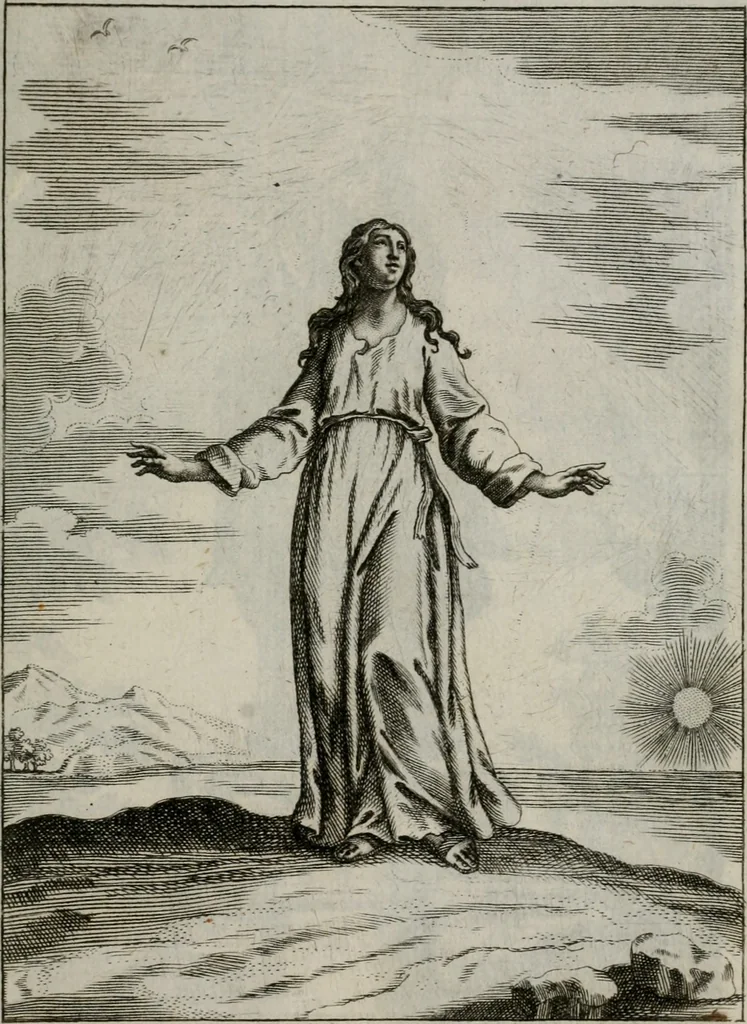 An illustration from Ichnographia emblematica triplicis ad Deum Tri-unum mysticae viae, purgativae, illuminativae, unitivae : splendoribus sanctorum, virtutibus eorum, divinisque charismatibus illustrata, in quinque partes divisa ..., 1779, leaf 24