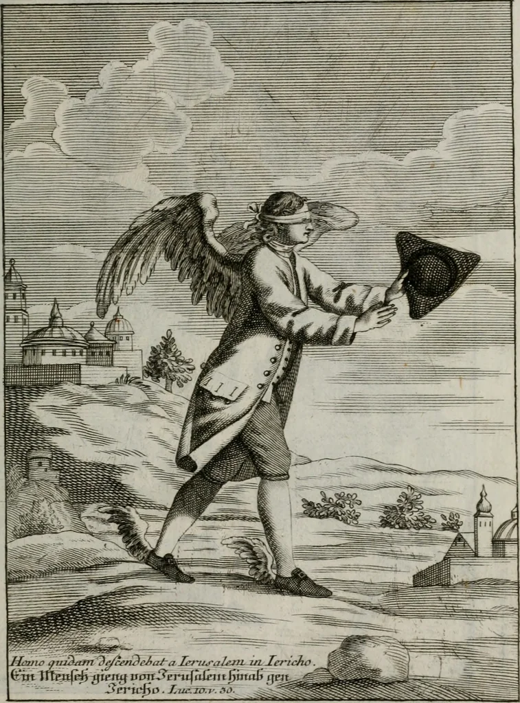 An illustration from Ichnographia emblematica triplicis ad Deum Tri-unum mysticae viae, purgativae, illuminativae, unitivae : splendoribus sanctorum, virtutibus eorum, divinisque charismatibus illustrata, in quinque partes divisa ..., 1779, leaf 28