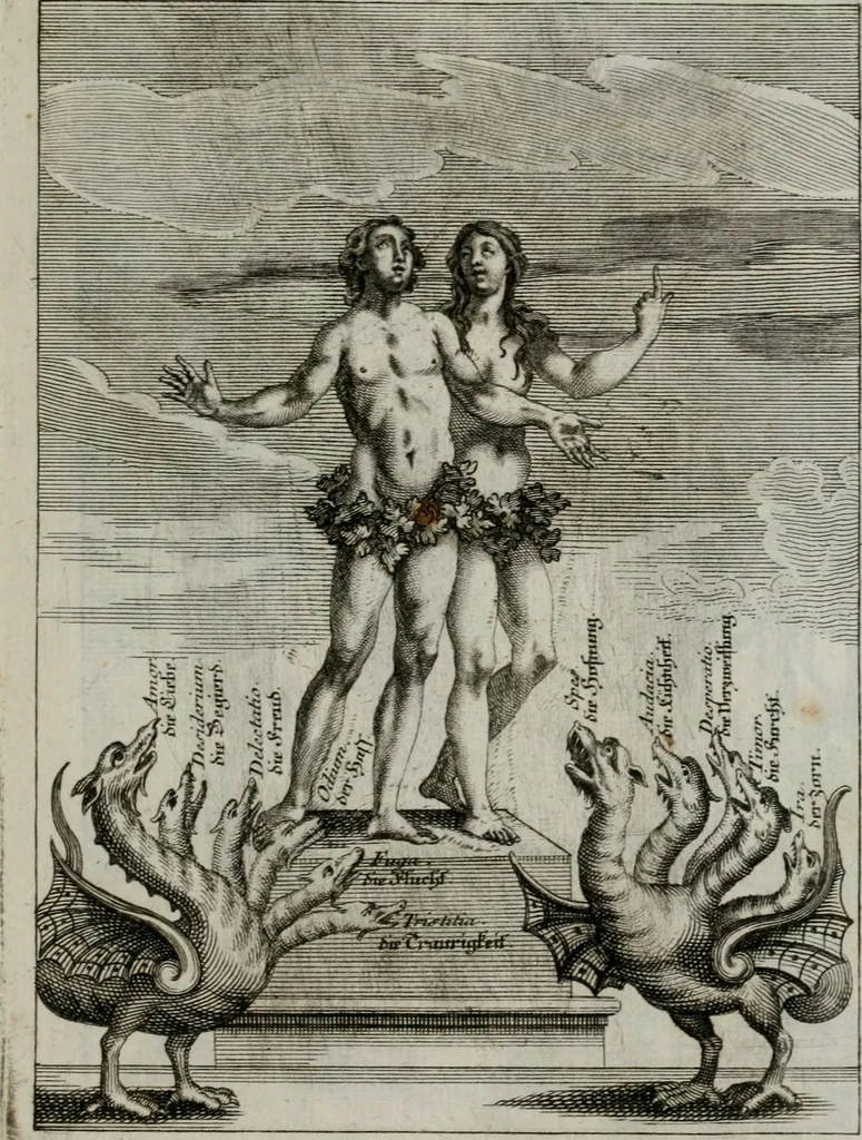 An illustration from Ichnographia emblematica triplicis ad Deum Tri-unum mysticae viae, purgativae, illuminativae, unitivae : splendoribus sanctorum, virtutibus eorum, divinisque charismatibus illustrata, in quinque partes divisa ..., 1779, leaf 32