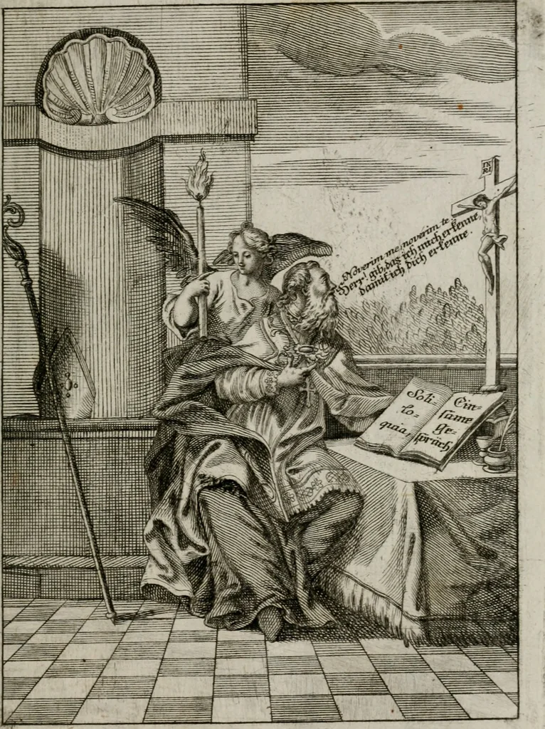 An illustration from Ichnographia emblematica triplicis ad Deum Tri-unum mysticae viae, purgativae, illuminativae, unitivae : splendoribus sanctorum, virtutibus eorum, divinisque charismatibus illustrata, in quinque partes divisa ..., 1779, leaf 38