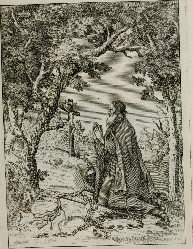 An illustration from Ichnographia emblematica triplicis ad Deum Tri-unum mysticae viae, purgativae, illuminativae, unitivae : splendoribus sanctorum, virtutibus eorum, divinisque charismatibus illustrata, in quinque partes divisa ..., 1779, leaf 44