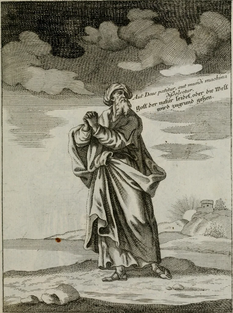An illustration from Ichnographia emblematica triplicis ad Deum Tri-unum mysticae viae, purgativae, illuminativae, unitivae : splendoribus sanctorum, virtutibus eorum, divinisque charismatibus illustrata, in quinque partes divisa ..., 1779, leaf 50