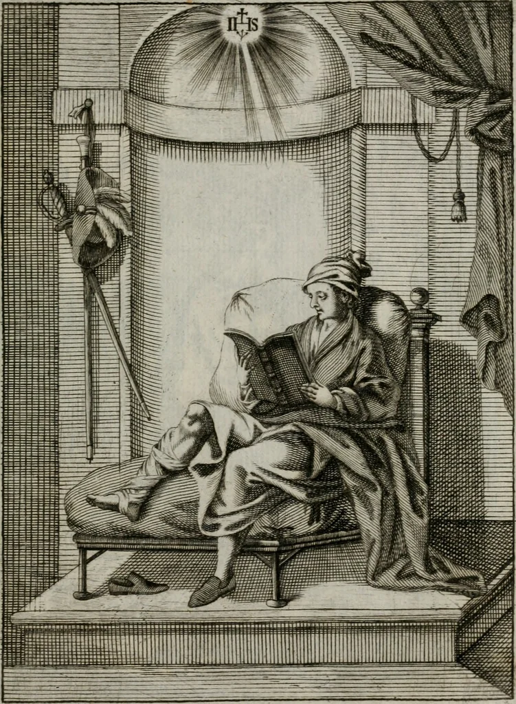 An illustration from Ichnographia emblematica triplicis ad Deum Tri-unum mysticae viae, purgativae, illuminativae, unitivae : splendoribus sanctorum, virtutibus eorum, divinisque charismatibus illustrata, in quinque partes divisa ..., 1779, leaf 54