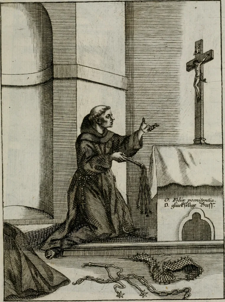 An illustration from Ichnographia emblematica triplicis ad Deum Tri-unum mysticae viae, purgativae, illuminativae, unitivae : splendoribus sanctorum, virtutibus eorum, divinisque charismatibus illustrata, in quinque partes divisa ..., 1779, leaf 60