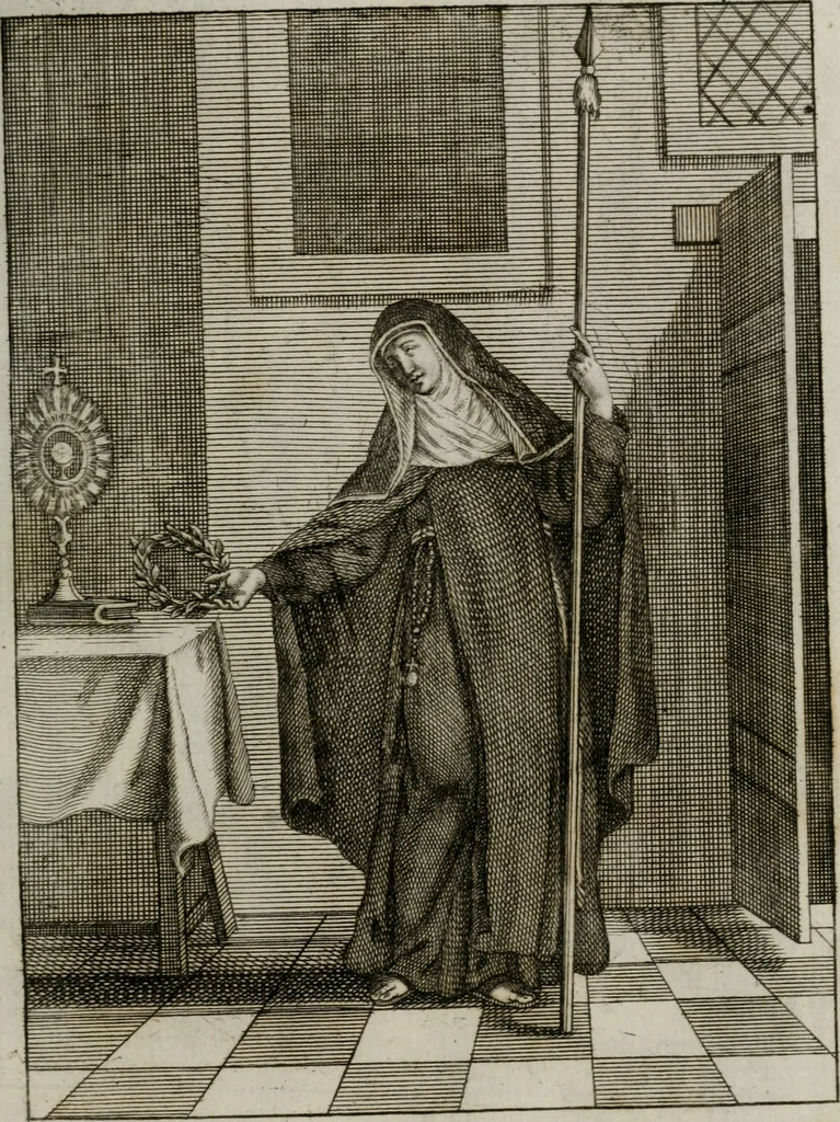 An illustration from Ichnographia emblematica triplicis ad Deum Tri-unum mysticae viae, purgativae, illuminativae, unitivae : splendoribus sanctorum, virtutibus eorum, divinisque charismatibus illustrata, in quinque partes divisa ..., 1779, leaf 70