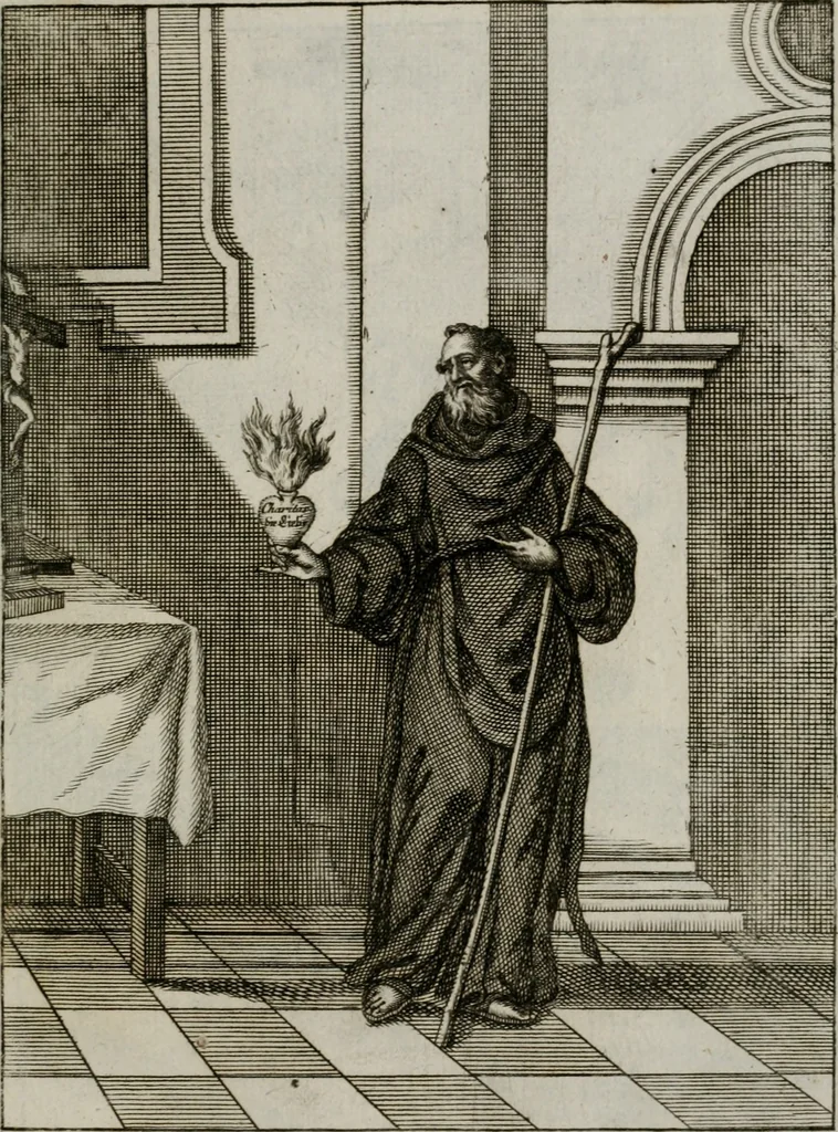An illustration from Ichnographia emblematica triplicis ad Deum Tri-unum mysticae viae, purgativae, illuminativae, unitivae : splendoribus sanctorum, virtutibus eorum, divinisque charismatibus illustrata, in quinque partes divisa ..., 1779, leaf 72