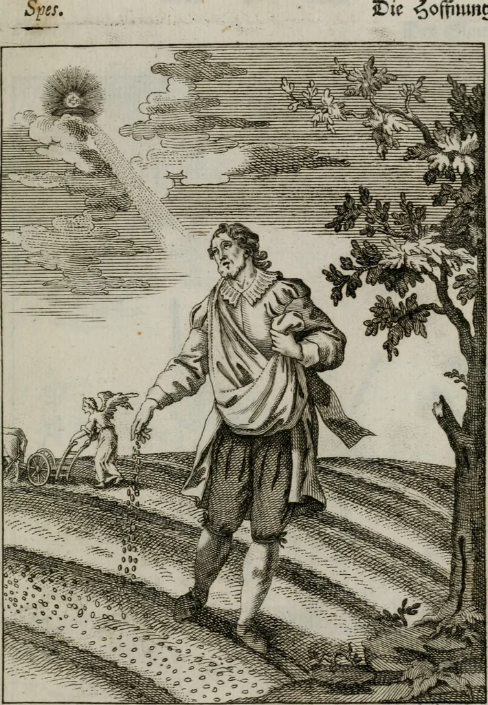 An illustration from Ichnographia emblematica triplicis ad Deum Tri-unum mysticae viae, purgativae, illuminativae, unitivae : splendoribus sanctorum, virtutibus eorum, divinisque charismatibus illustrata, in quinque partes divisa ..., 1779, leaf 74