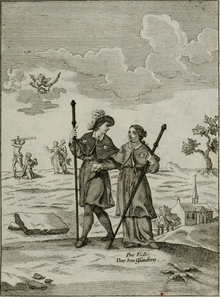 An illustration from Ichnographia emblematica triplicis ad Deum Tri-unum mysticae viae, purgativae, illuminativae, unitivae : splendoribus sanctorum, virtutibus eorum, divinisque charismatibus illustrata, in quinque partes divisa ..., 1779, leaf 76