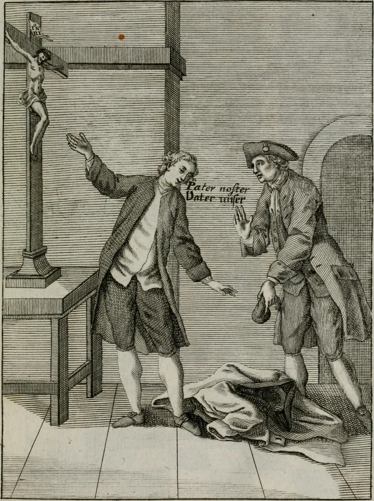 An illustration from Ichnographia emblematica triplicis ad Deum Tri-unum mysticae viae, purgativae, illuminativae, unitivae : splendoribus sanctorum, virtutibus eorum, divinisque charismatibus illustrata, in quinque partes divisa ..., 1779, leaf 84