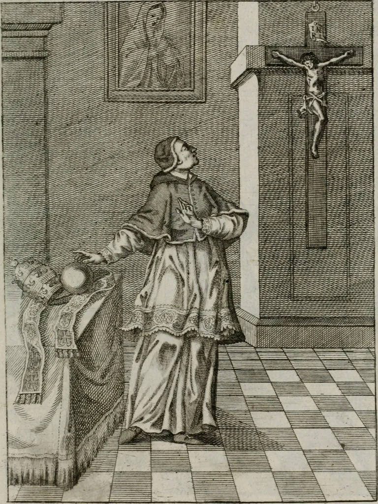An illustration from Ichnographia emblematica triplicis ad Deum Tri-unum mysticae viae, purgativae, illuminativae, unitivae : splendoribus sanctorum, virtutibus eorum, divinisque charismatibus illustrata, in quinque partes divisa ..., 1779, leaf 86