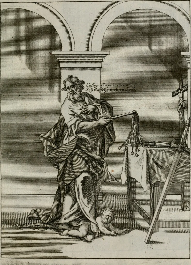 An illustration from Ichnographia emblematica triplicis ad Deum Tri-unum mysticae viae, purgativae, illuminativae, unitivae : splendoribus sanctorum, virtutibus eorum, divinisque charismatibus illustrata, in quinque partes divisa ..., 1779, leaf 90