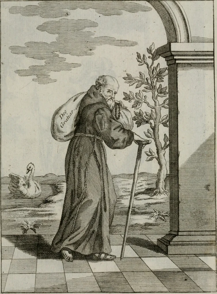 An illustration from Ichnographia emblematica triplicis ad Deum Tri-unum mysticae viae, purgativae, illuminativae, unitivae : splendoribus sanctorum, virtutibus eorum, divinisque charismatibus illustrata, in quinque partes divisa ..., 1779, leaf 96