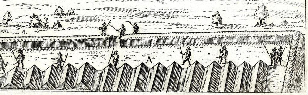An illustration from I commentari di C. Givlio Cesare : con le figvre in rame de gli alloggiamenti, de' fatti d'arme, delle circonuallationi delle città, & di molte altre cose notabili descritte in essi, 1598, leaf 103