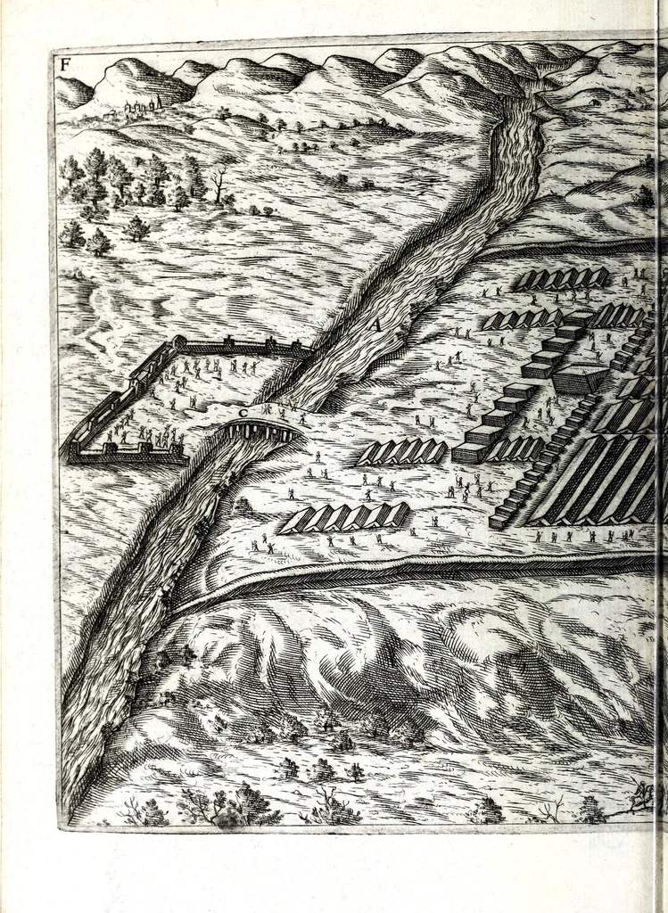 An illustration from I commentari di C. Givlio Cesare : con le figvre in rame de gli alloggiamenti, de' fatti d'arme, delle circonuallationi delle città, & di molte altre cose notabili descritte in essi, 1598, leaf 118