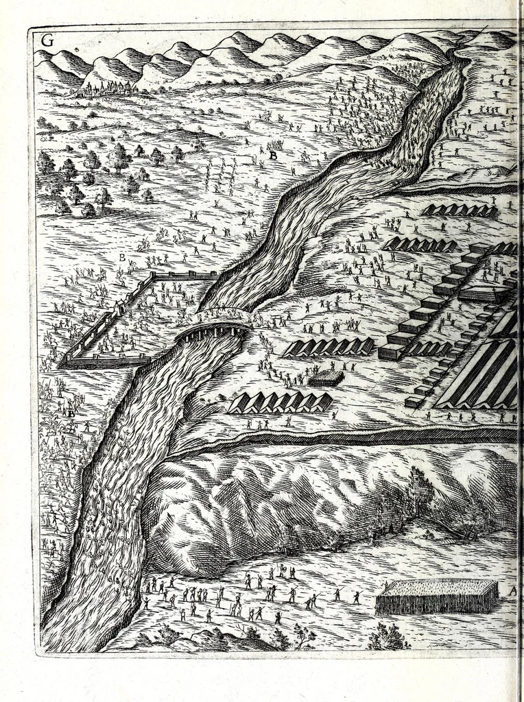 An illustration from I commentari di C. Givlio Cesare : con le figvre in rame de gli alloggiamenti, de' fatti d'arme, delle circonuallationi delle città, & di molte altre cose notabili descritte in essi, 1598, leaf 122