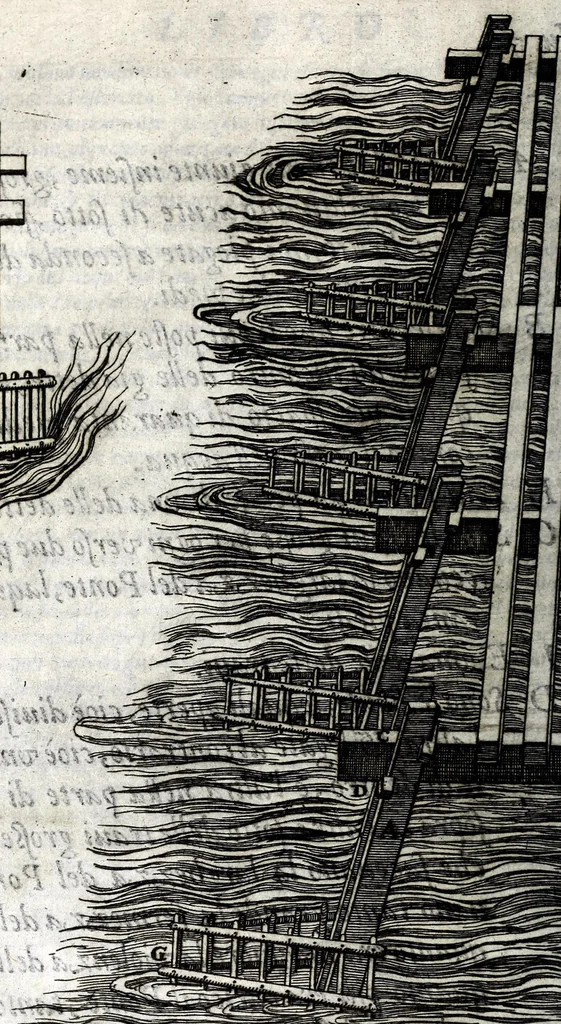 An illustration from I commentari di C. Givlio Cesare : con le figvre in rame de gli alloggiamenti, de' fatti d'arme, delle circonuallationi delle città, & di molte altre cose notabili descritte in essi, 1598, leaf 174