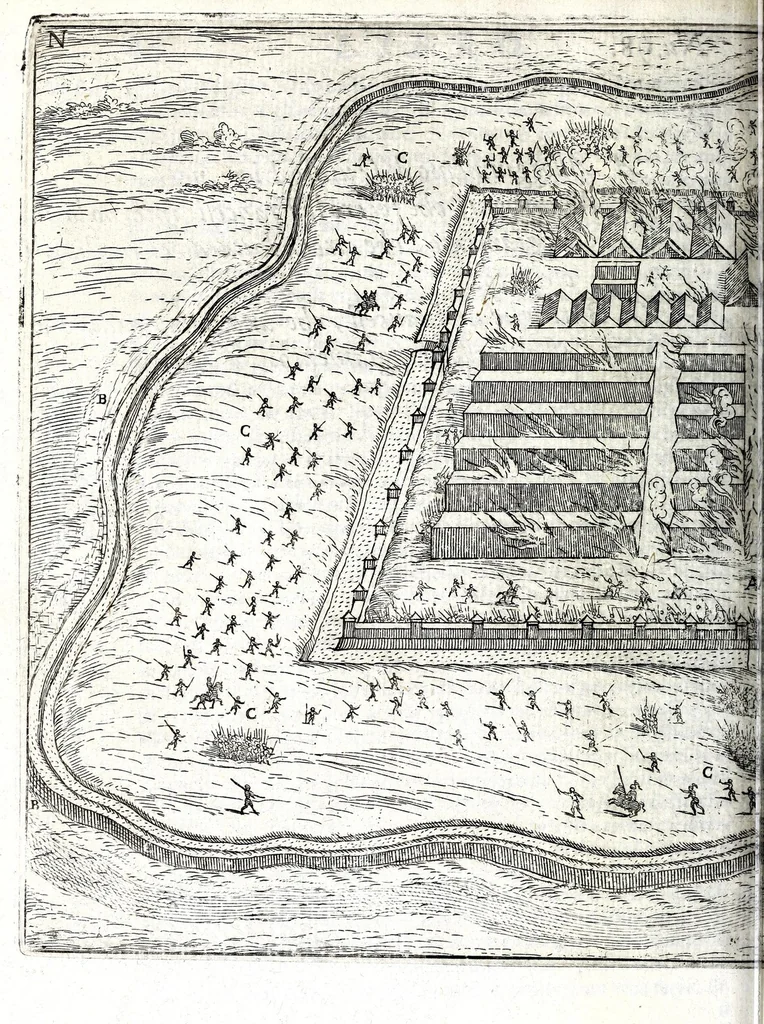 An illustration from I commentari di C. Givlio Cesare : con le figvre in rame de gli alloggiamenti, de' fatti d'arme, delle circonuallationi delle città, & di molte altre cose notabili descritte in essi, 1598, leaf 210