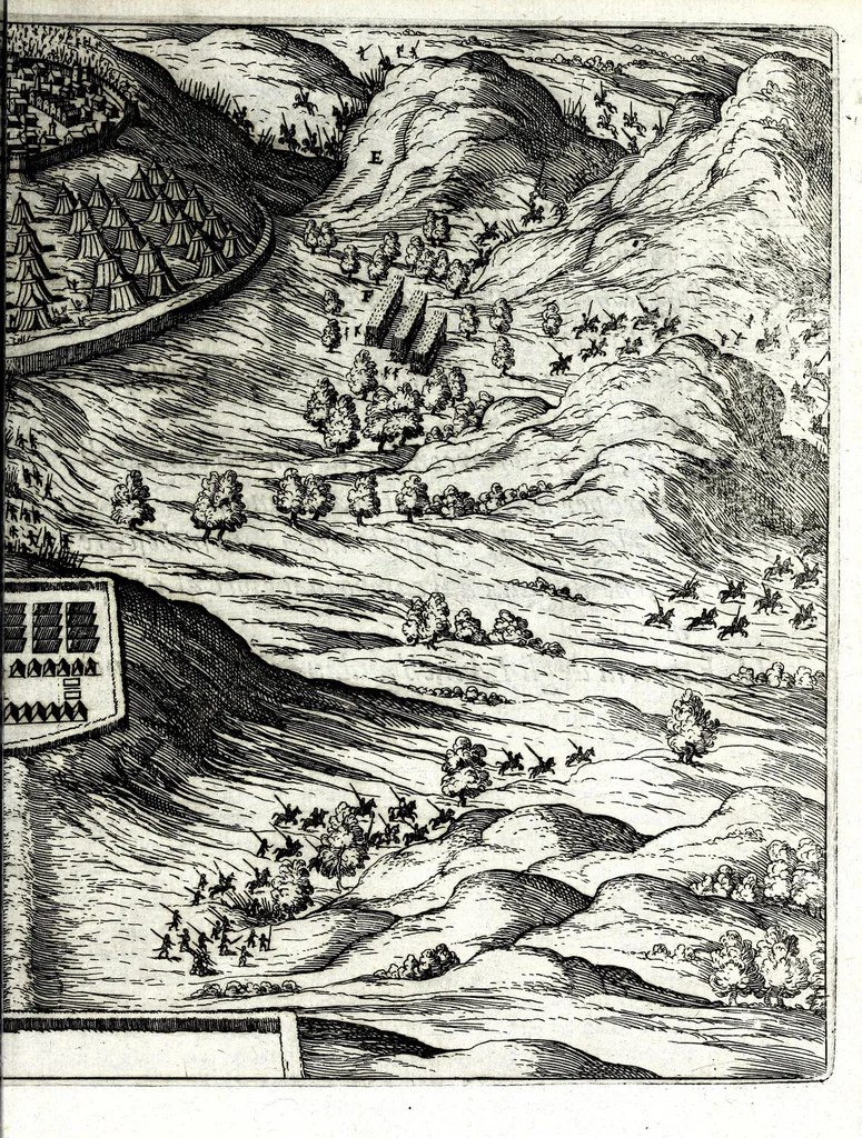 An illustration from I commentari di C. Givlio Cesare : con le figvre in rame de gli alloggiamenti, de' fatti d'arme, delle circonuallationi delle città, & di molte altre cose notabili descritte in essi, 1598, leaf 275