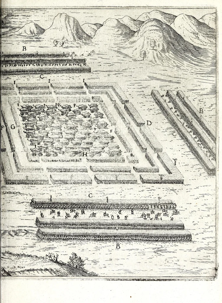 An illustration from I commentari di C. Givlio Cesare : con le figvre in rame de gli alloggiamenti, de' fatti d'arme, delle circonuallationi delle città, & di molte altre cose notabili descritte in essi, 1598, leaf 295