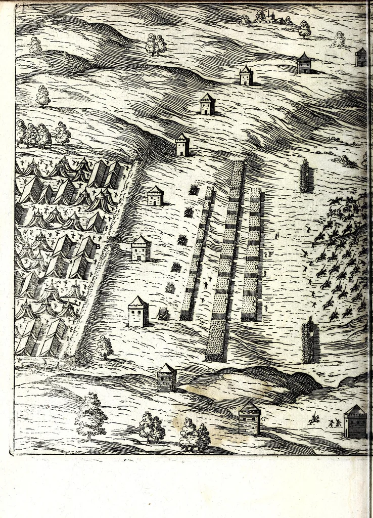 An illustration from I commentari di C. Givlio Cesare : con le figvre in rame de gli alloggiamenti, de' fatti d'arme, delle circonuallationi delle città, & di molte altre cose notabili descritte in essi, 1598, leaf 298