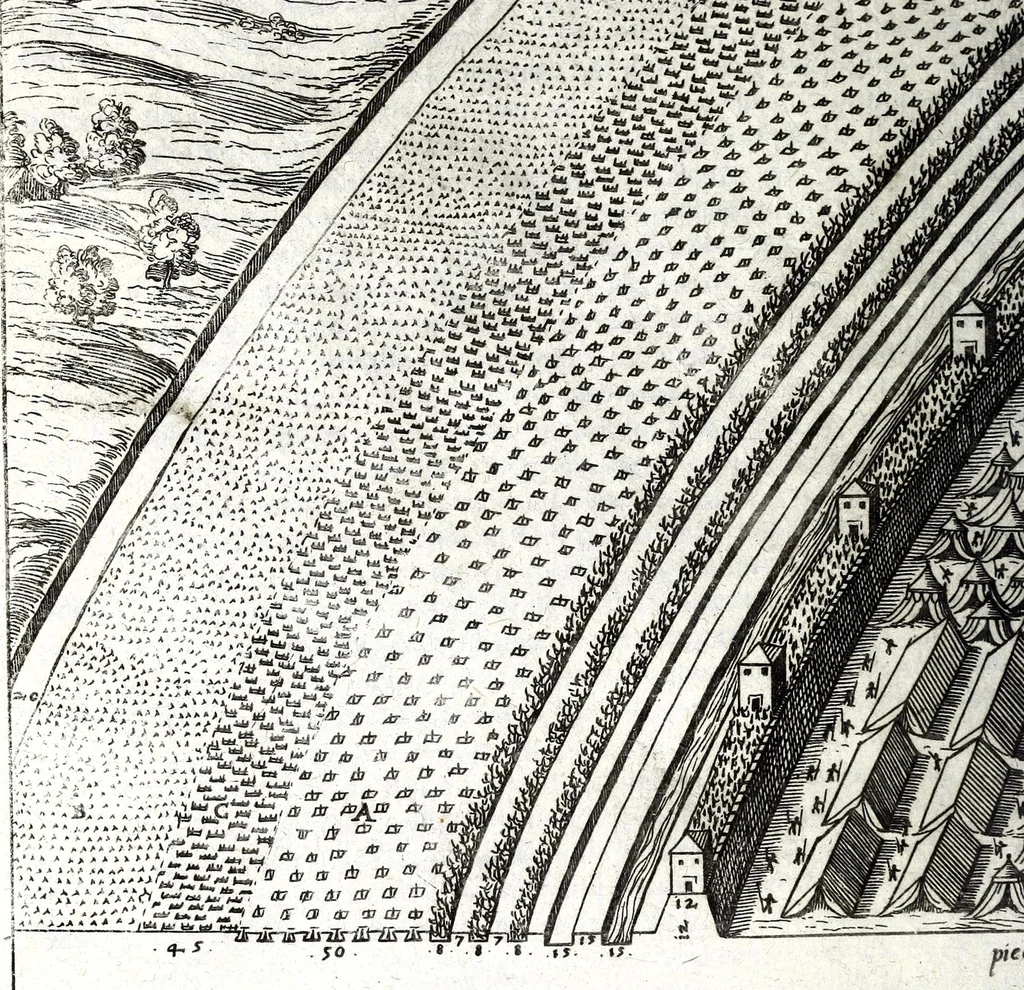 An illustration from I commentari di C. Givlio Cesare : con le figvre in rame de gli alloggiamenti, de' fatti d'arme, delle circonuallationi delle città, & di molte altre cose notabili descritte in essi, 1598, leaf 304